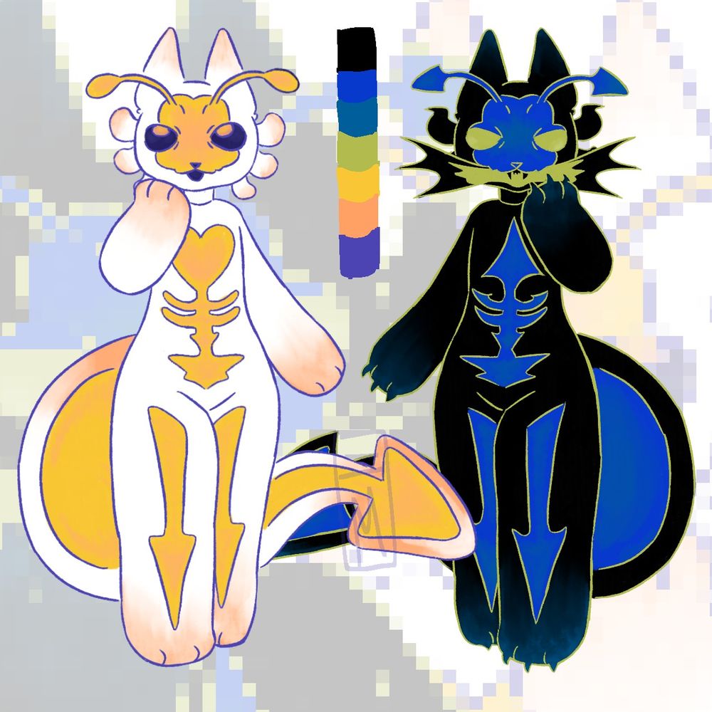 Eembly's front refs (docile and aggro versons) with their color palette (white isnt in the color lineup cause erm i forgor). They're based off sea angels and lion fish :D 