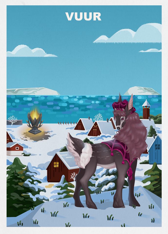 An illustration done in the style of a vintage travel poster. There is a deer character in the foreground overlooking a snowy village that lies on an icy sea. In the background are clouds and icebergs.