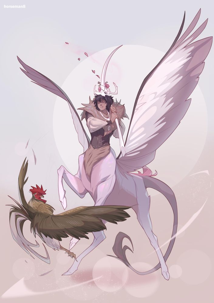 An illustration depicts a winged centaur, a mythical creature with the upper body of a man and the lower body of a horse, with large, feathery wings that look like angel wings. The centaur is holding a long scythe and wears a crown adorned with small roses and a skull. A rooster is standing in front of the centaur, feathers bristled as if disturbed. The color palette is dominated by pale pinks, whites, and light browns, giving the image a soft, ethereal quality. Rose petals float in the air, adding a touch of whimsy to the scene. The digital art style enhances the fantastical elements of the illustration.