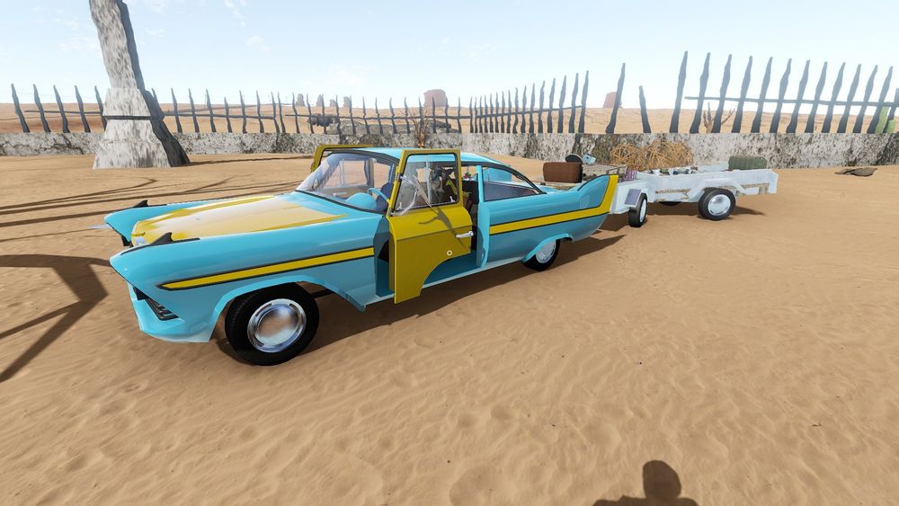 Un coche (Plymouth Fury) de color azul verdoso, con 2 remolques seguidos llenos de objetos varios. Del videojuego "The Long Drive".