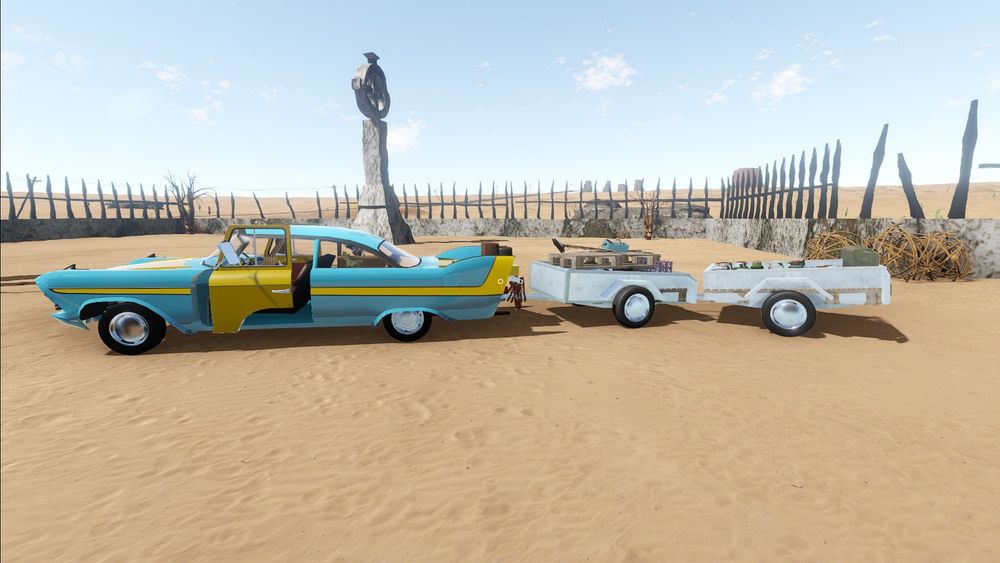 Un coche (Plymouth Fury) de color azul verdoso, con 2 remolques seguidos llenos de objetos varios. Del videojuego "The Long Drive".