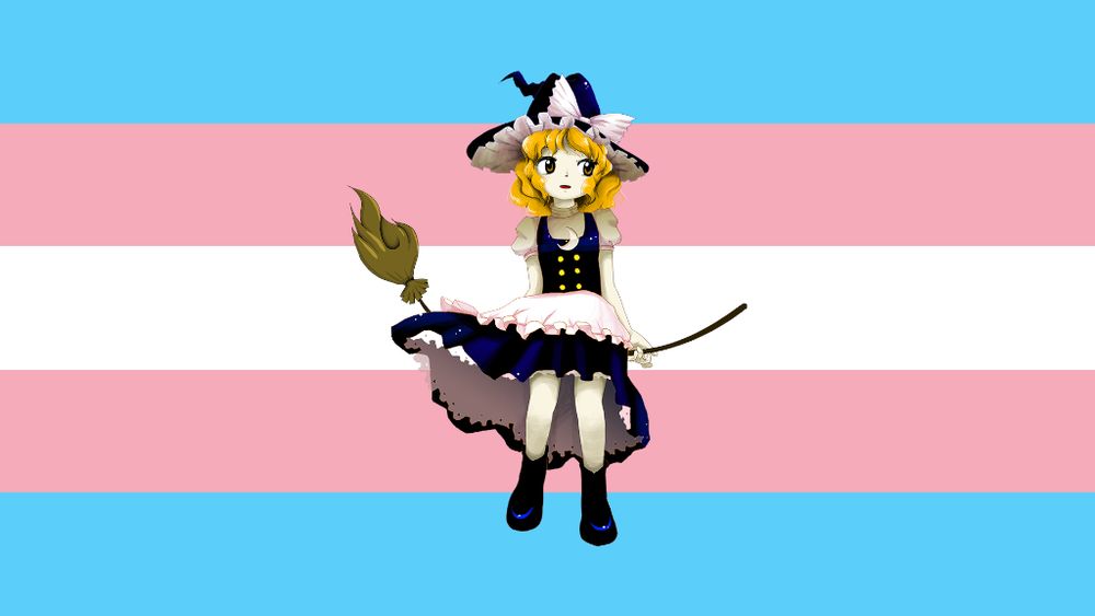 Marisa Kirisame from the Touhou Project superimposed over a transgender pride flag.