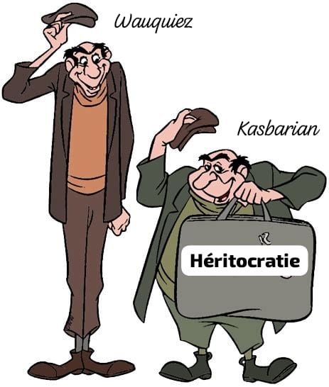 Horace et Gasper du dessin animé 101 dalmatien, avec une malette "héritocratie"
Les noms de Wauquiez et Kasbarian sont attribués aux complices de Cruella