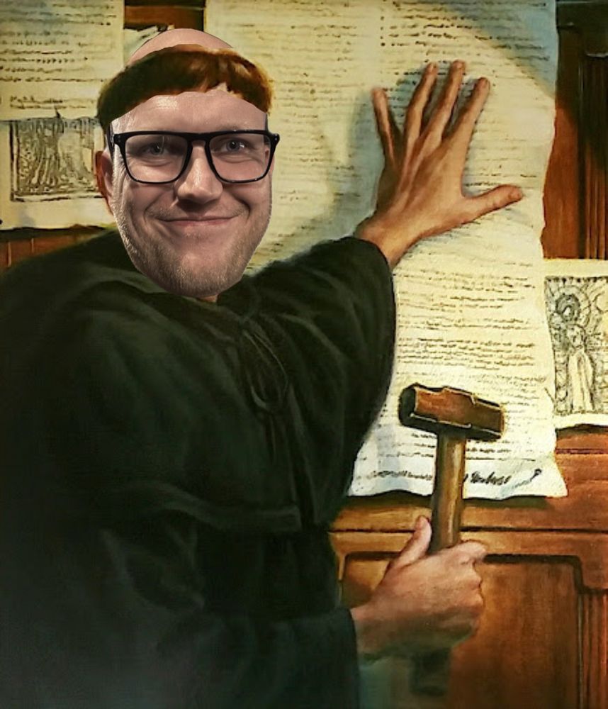 An illustration of church reformist Martin Luther famously nailing his theses to a cathedral door. Local politics expert Josh Martin’s face has been digitally superimposed onto Luther, creating the character of Josh Martin Luther.