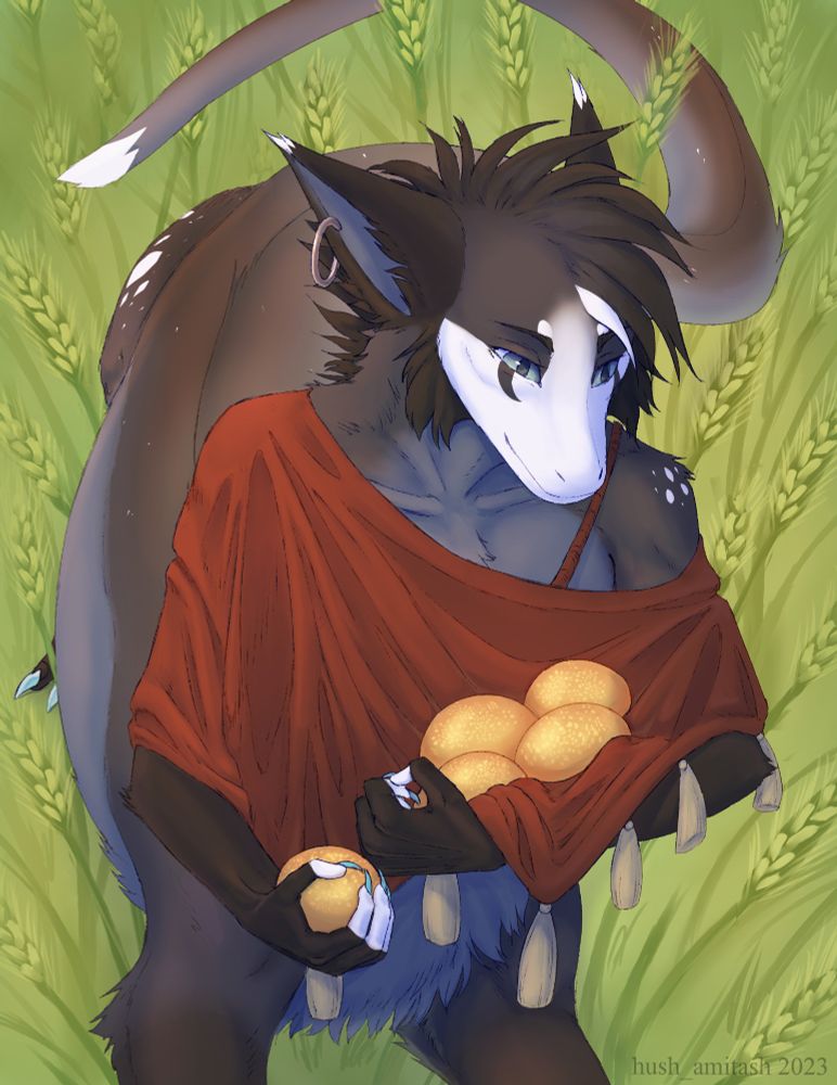 Artfight attack on Lemas on FurAffinity. Dragon centaur harvests. He holds buns or some kind of fruit while walking through a field of wheat.