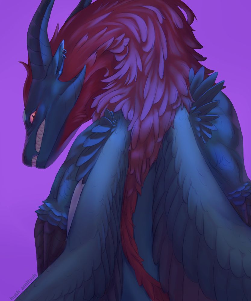 Completed ych (your character here) halfbidy dragon looking from the back. The character has something between feathers and wool. The play of bright light reflects strong emotions. The look of hatred is directed directly at the camera.