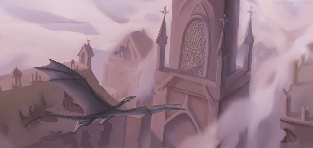 A dragon flies through a ruined city covered in fog. Directly in front of it is a chapel or church. To the left of the dragon is a building with a roof that has collapsed in places. Decorations on the roofs of other buildings also dilapidated.