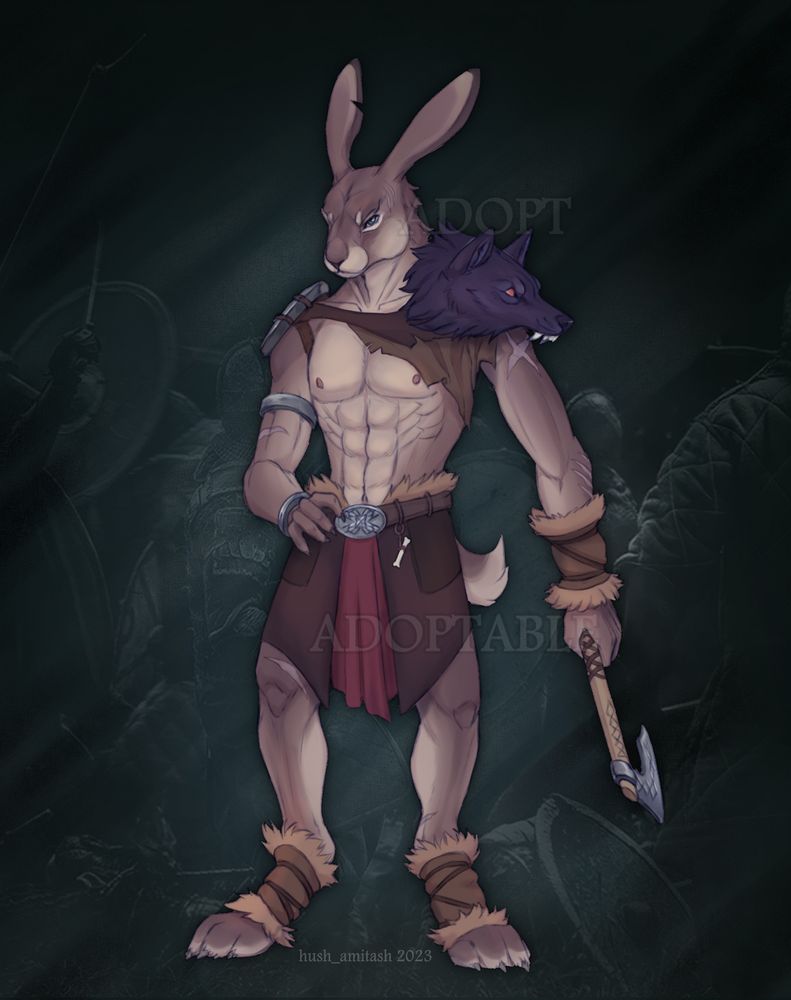 Sold hare viking design. A fierce warrior and skilled fighter with an ax with a wolf's head on his shoulder as a trophy.