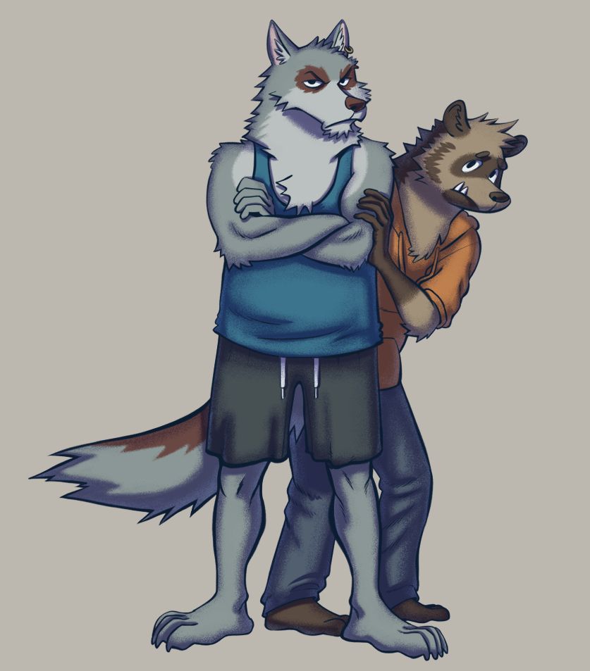 Dave and Tyson from the visual novel Password. Dave is hiding behind a angry and protective Tyson.