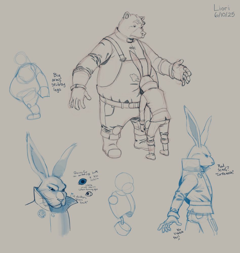Fan art sketches of a game called F.I.S.T.: Forged in Shadow Torch. A rabbit named Rayton and a bear names Urso.