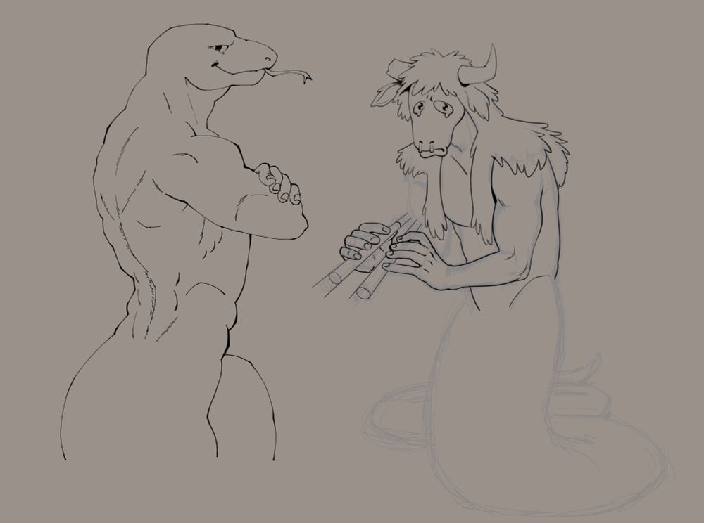 More sketches of Argos. Left is from behind him with a toned muscular back. Right is him tearful, also holding his double-flute.