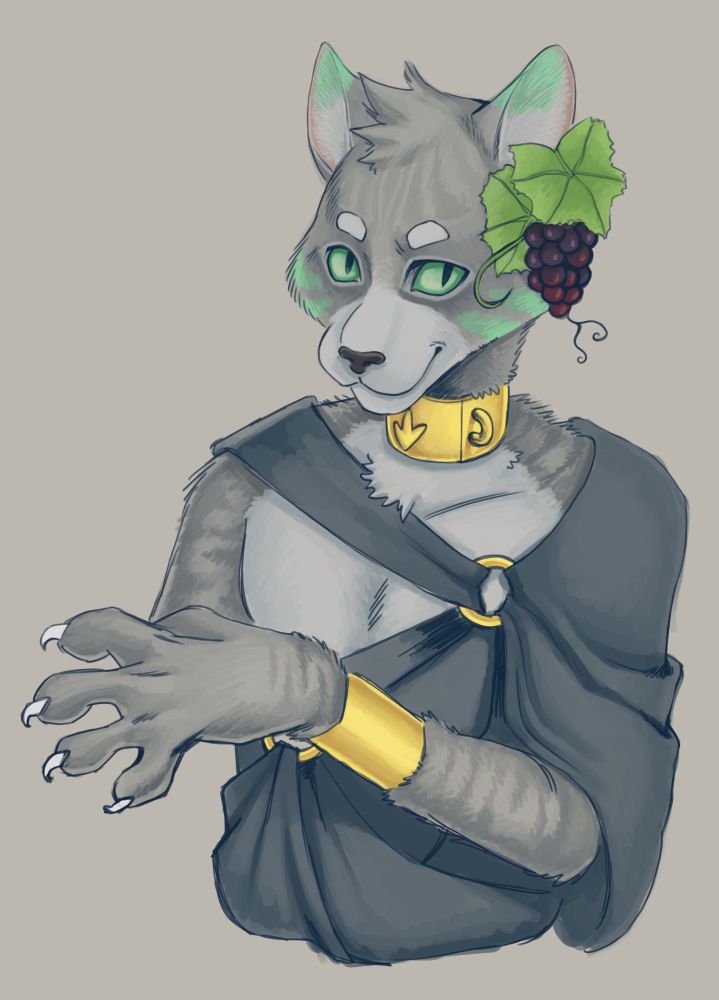 Alexios from the visual novel Adastra. Gray cat with mint green highlights in his fur. I think he wears some kind of grapes earring. I tried making him look like a gray tabby.