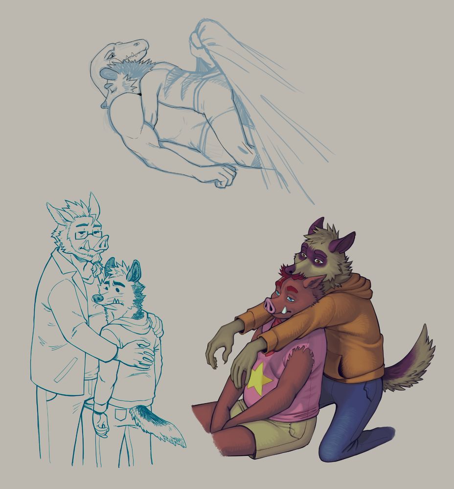 Various drawings of characters from the visual novel Password. Top one is a depiction of the scene of Dave sleeping on top of Sal. Left is a scene where Oswin gave Dave an awkward hug. Right is not from any scene but it's Dave resting his arms on Roswell's shoulders.