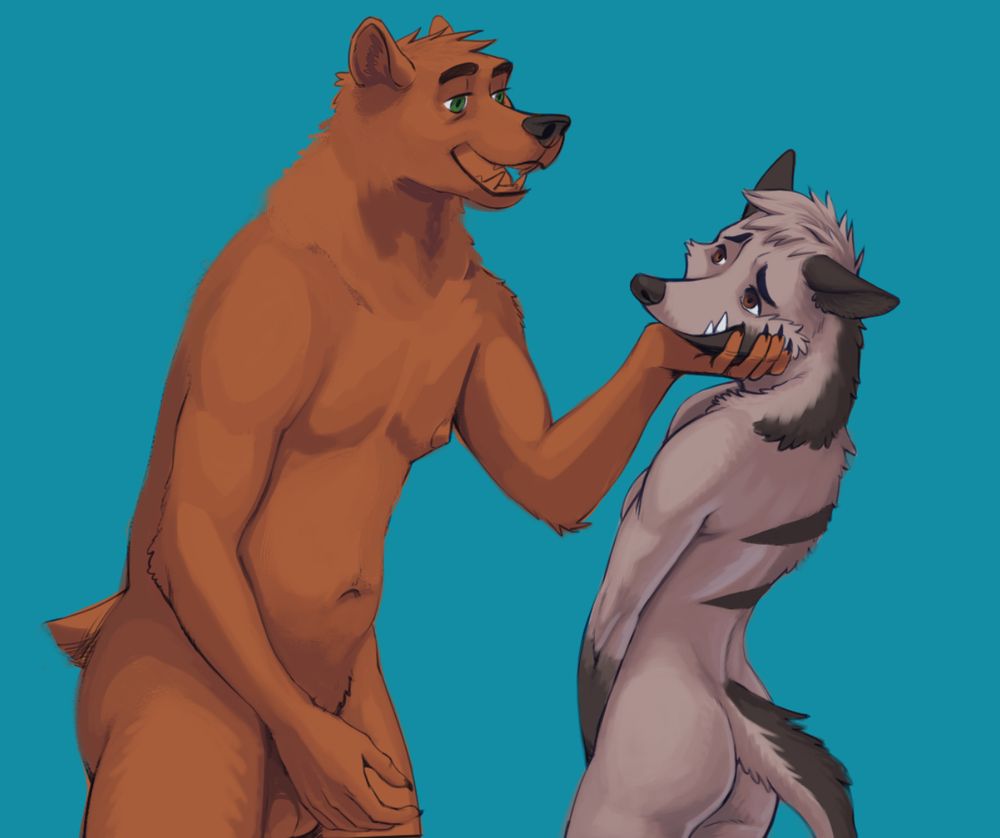 Dean and Dave from the visual novel Password. Dean, a bear, looks like he is flirting with Dave, the hyena. Artistic nudity with Dean's arm obfuscating his junk but not enough to hide his balls.