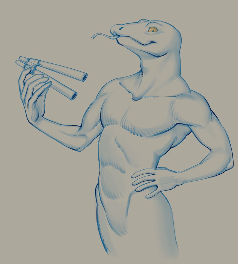 Argos from the visual novel Minotaur Hotel. Lean but somewhat muscular snake. He's holding an ancient double-flute, I think, is called an aulos.