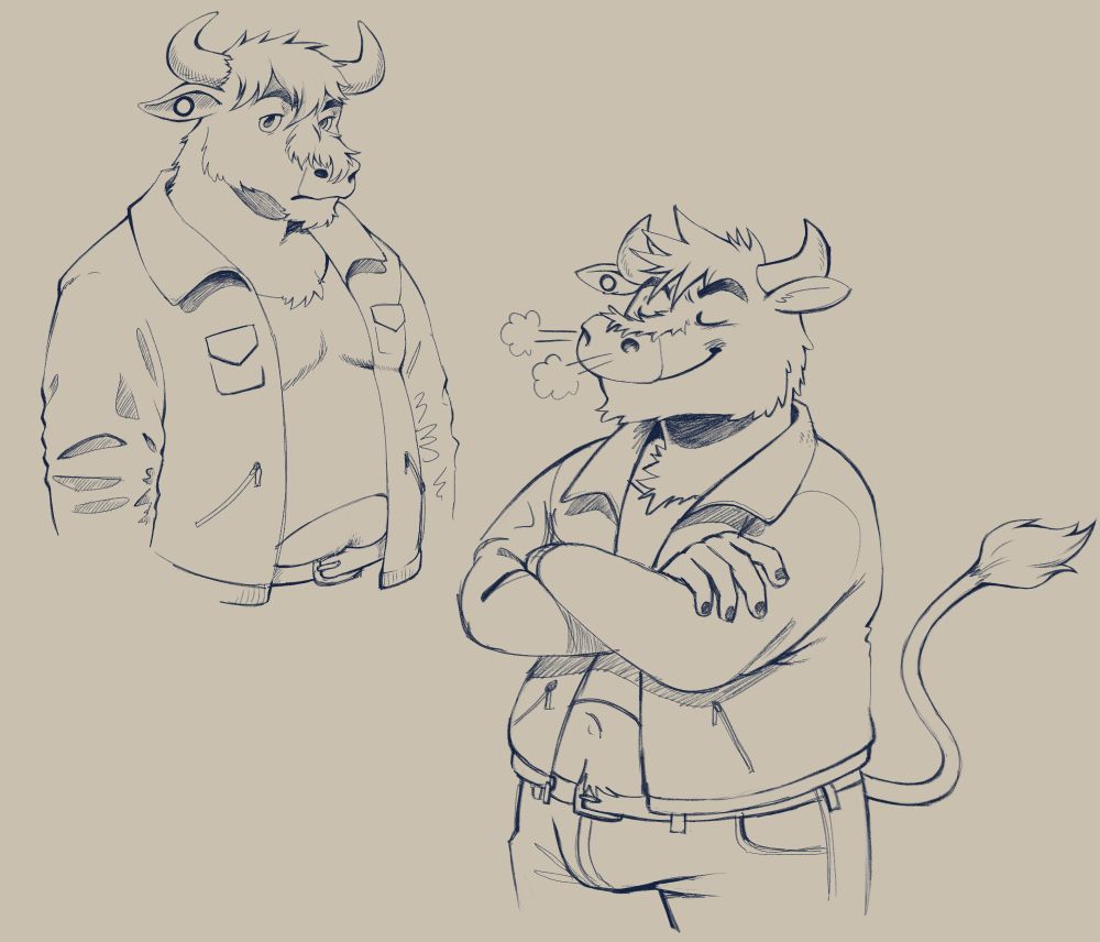 Sketches of Storm from the visual novel Minotaur Hotel. I believe he's supposed to be a highland bull. 