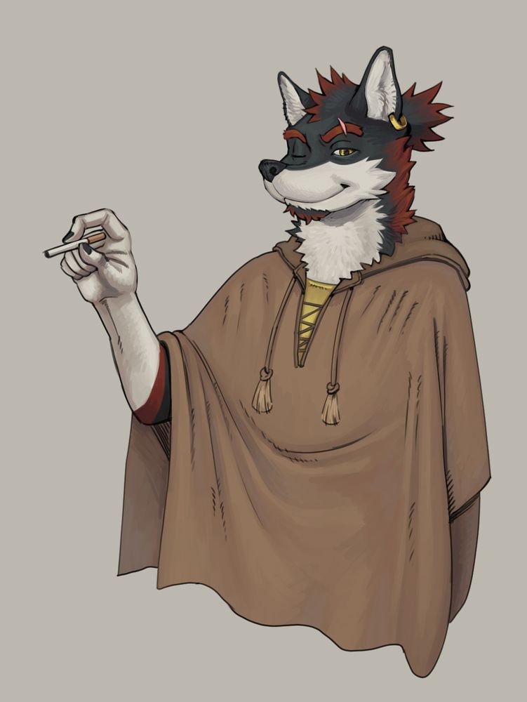 Drawing of Blake from the visual novel Moonlight Castle. This was done before the updated visuals so he looks a lot thinner here. Black wolf with red highlights. Holding a cigarette. 