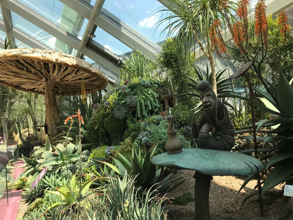 A statue of the Caterpillar with his shisha perched on top of a mushroom, in the garden of Aloes in Wonderland, The Flower Dome, Singapore. 🇸🇬 