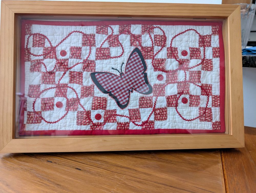 What to do with a shadow box given to me by a friend? I salvaged a piece of a very old quilt riddled with dry rot, added vintage buttons and rickrack and appliqued a butterfly. My first attempt at using a shadow box. #vintagequilt #upcyclingtextiles 