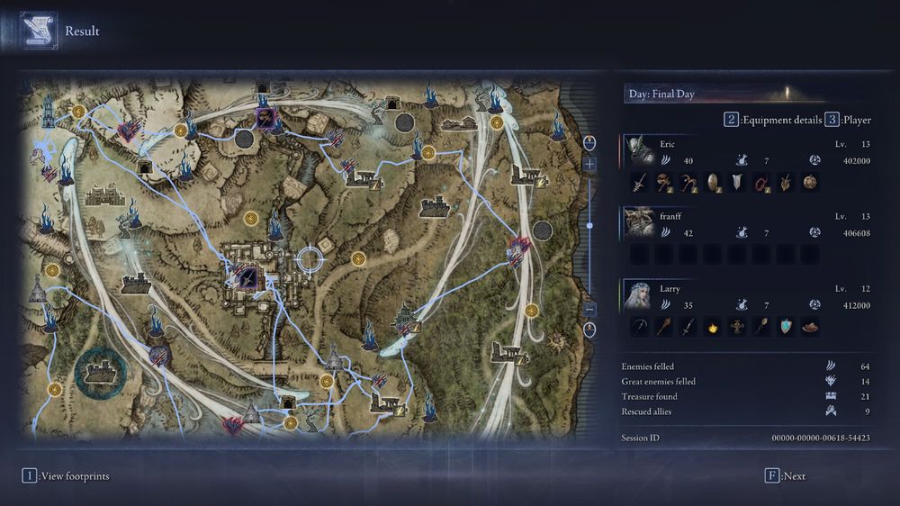Screenshot of an end of match result from Nightreign. On the left shows the overworld map with the path and actions taken by the team, and on the right lists the three members of the team with levels, equipment, and expedition statistics.