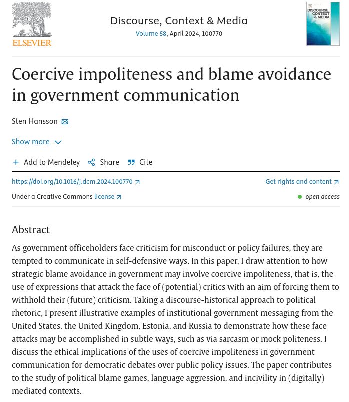 As government officeholders face criticism for misconduct or policy failures, they are tempted to communicate in self-defensive ways. In this paper, I draw attention to how strategic blame avoidance in government may involve coercive impoliteness, that is, the use of expressions that attack the face of (potential) critics with an aim of forcing them to withhold their (future) criticism. Taking a discourse-historical approach to political rhetoric, I present illustrative examples of institutional government messaging from the United States, the United Kingdom, Estonia, and Russia to demonstrate how these face attacks may be accomplished in subtle ways, such as via sarcasm or mock politeness. I discuss the ethical implications of the uses of coercive impoliteness in government communication for democratic debates over public policy issues. The paper contributes to the study of political blame games, language aggression, and incivility in (digitally) mediated contexts.