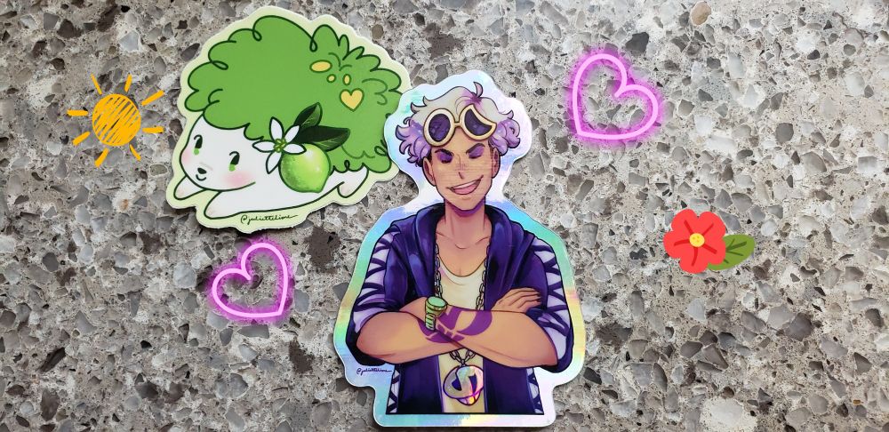 Stickers of a Lime oriented Shaymin and Guzma Crossing his arms with a proud smile on his face