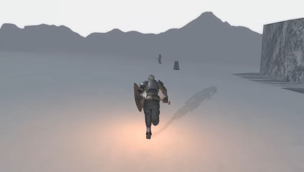 The start of the northern limit. It's using my fog params, and there are mountains added in the background. These are not present in the original map data.