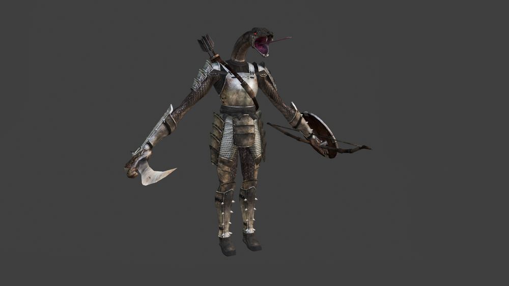 The Snake Soldier from Demon's Souls. It's body is mostly human except for it's head, which is a large snake head with a long neck. It's covered in armor, and is wielding a curved sword, shield, and bow.