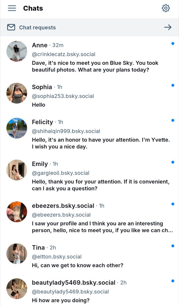 My chat window showing all the bots that messaged me after I followed them back