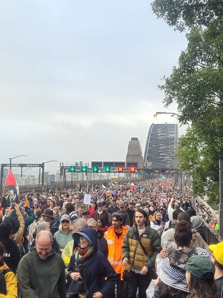 Thousands of people marching across Sydney Harbour Bridge.