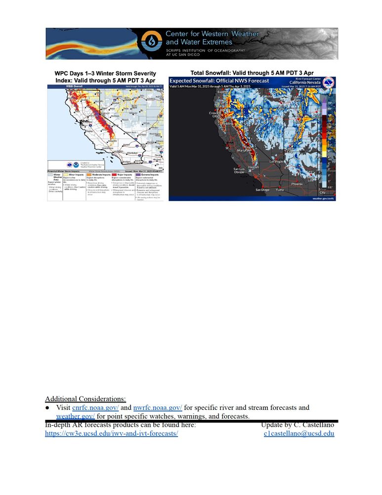 Page 4 of Quick Look. WPC Days 1-3 Winter Storm Severity Index and official NWS snowfall forecasts valid for the 72-hour period ending 5 AM PDT Thu 3 Apr.