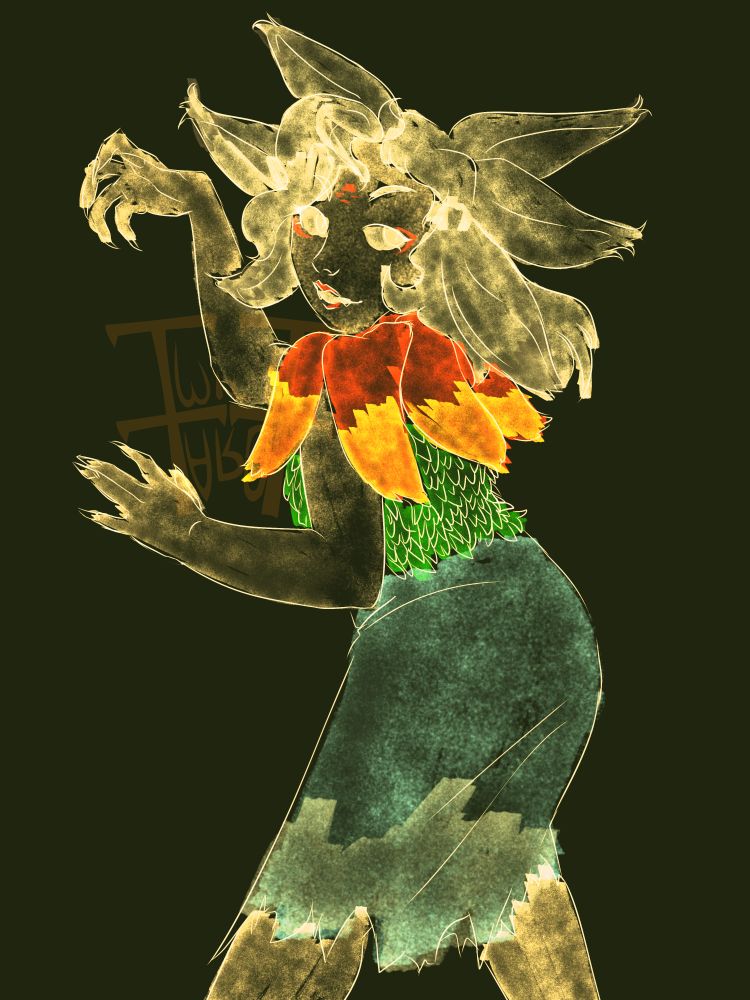 Chimi Houjuu, posing with her back to the viewer but twisting back to look. the image has a chalkboard-like, backlit aesthetic