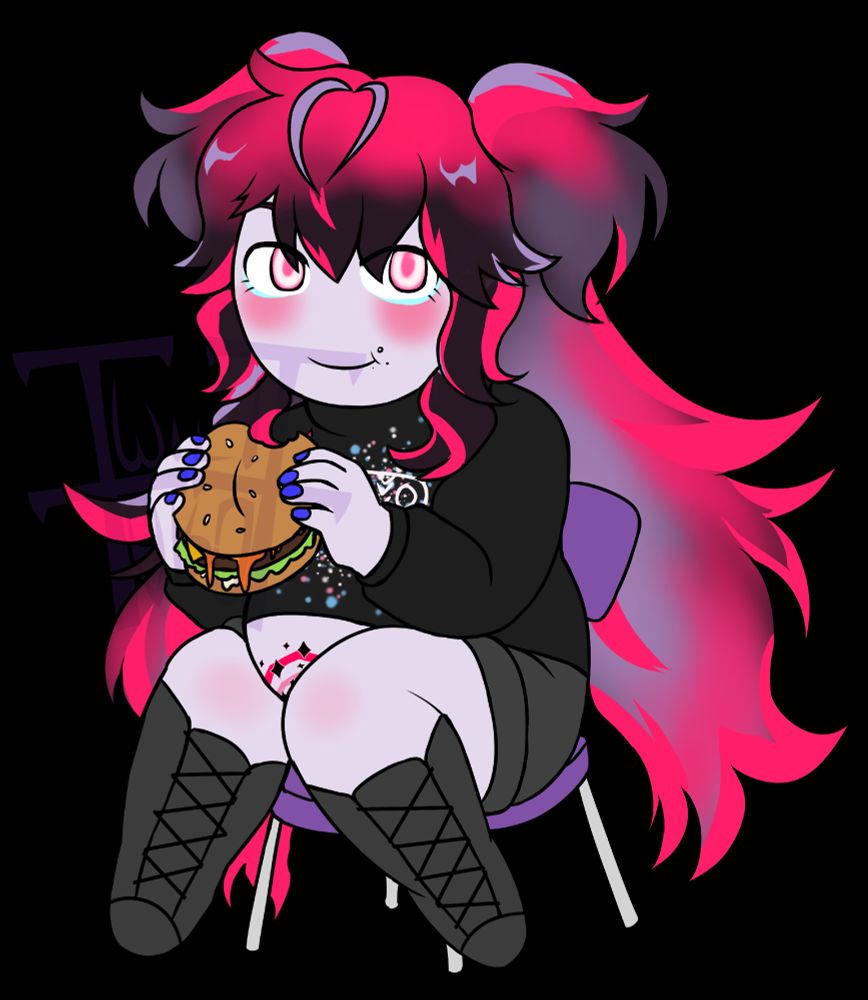 drawing of tenpi's vrchat avatar sitting in a chair eating a burger