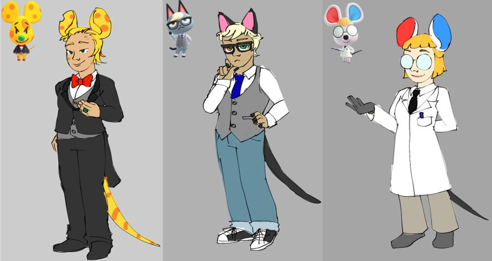 gijinkas of Animal Crossing villagers Chadder, Raymond, and Petri.