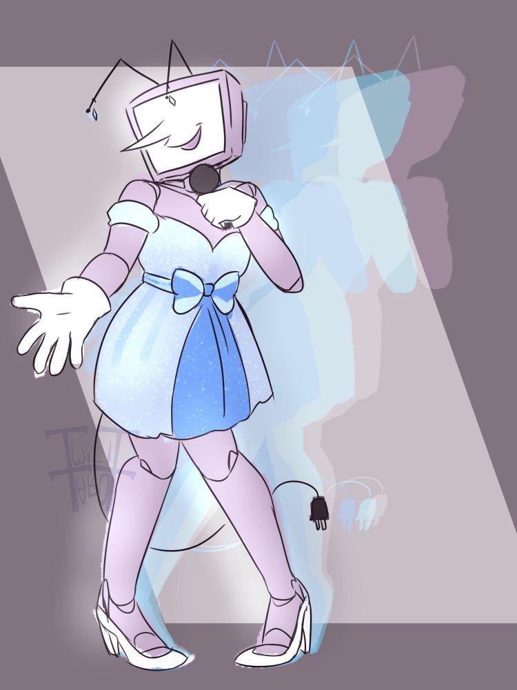Tenna from Deltarune wearing a blue princess-y dress, resembling the one Mettaton wears in his performance in Undertale and the dress on the mannequin that resembles Spamton in Deltarune Chapter 2. He holds a microphone near his mouth and extends his other hand, as if inviting the viewer to dance.