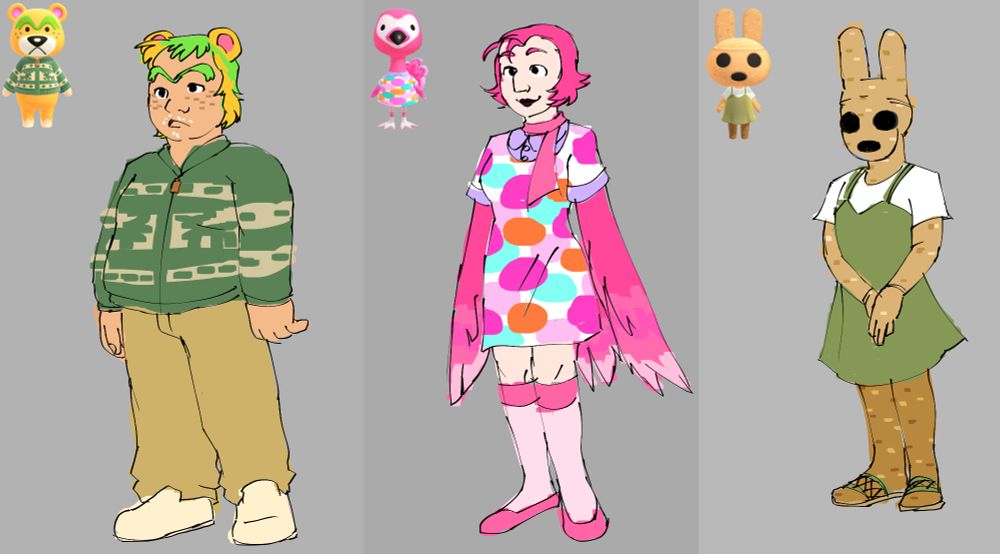 gijinkas of Animal Crossing villagers Nate, Flora, and Coco.