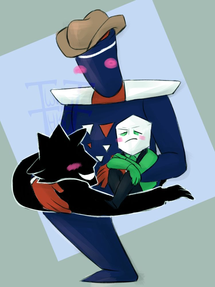 deltarune spoilers ahead, be warned / The three Fake-Mikes, not in costume, snuggled up together. Jongler is holding the two others, Pluey is curled around them like a cat, and Battat has their knees to their chest and has their face scrunched up. All three are blushing.