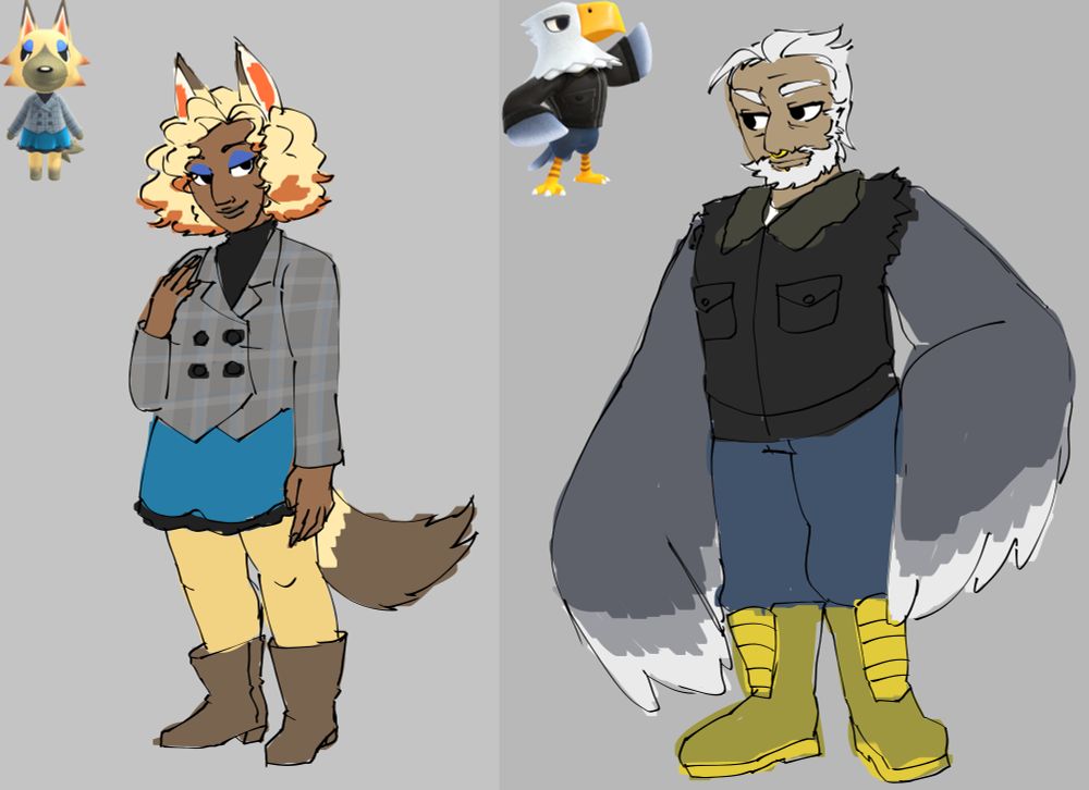 gijinkas of Animal Crossing villagers Vivian and Apollo.