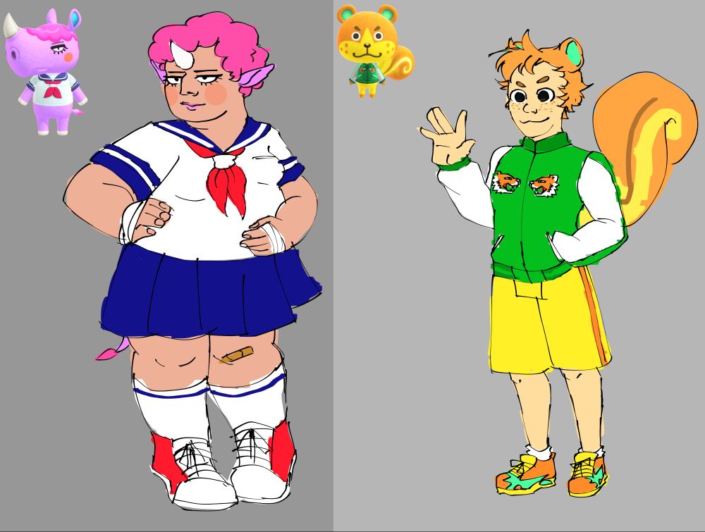 gijinkas of Animal Crossing villagers Renée and Sheldon.