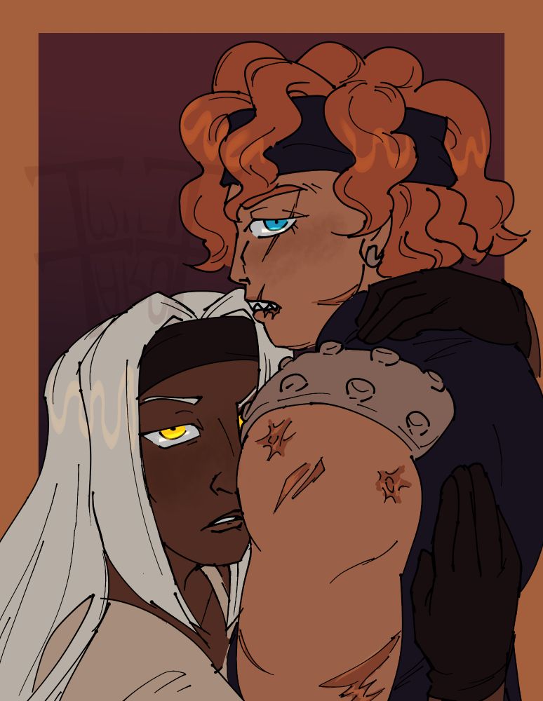 Tiziano and Squalo from Jojo's Bizarre Adventure: Golden Wind. both are glaring at the viewer. Squalo's back is turned somewhat, and Tiziano embraces him, face near his chest but still far enough away as if to keep watch. Squalo is covered in various scars.