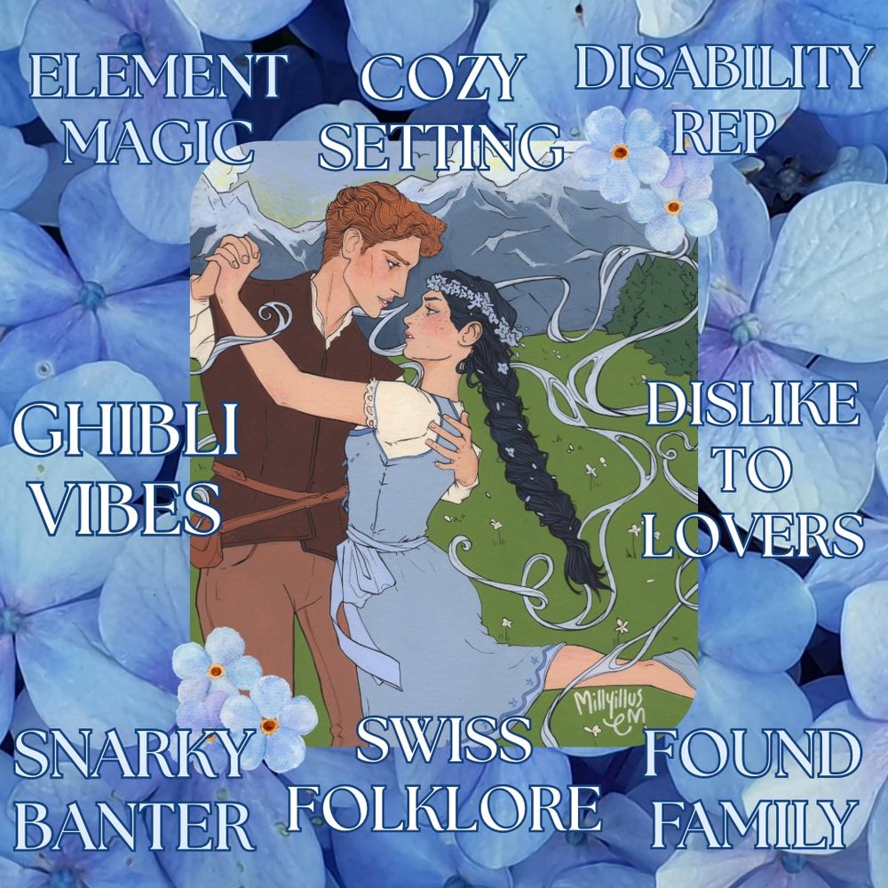 Art featuring a girl in a blue dress with braided black hair and a flower crown dancing with a ginger-haired boy in a leather vest and trousers, with mountains and forests in the background. Tropes include element magic, cozy setting, disability rep, Ghibli vibes, dislike to lovers, snarky banter, Swiss folklore, and found family.