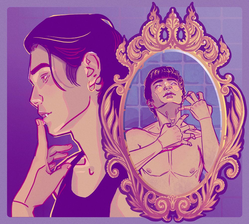A digital drawing of two overlapping scenes. On the left, Kim with vampire fangs, slitted eyes, and a bloody finger pressed to his lips. On the right, Chay's reflection is visible in an ornate gold mirror; he is alone but his hands are clutched in front of him as though gripping the back of someone's head.
