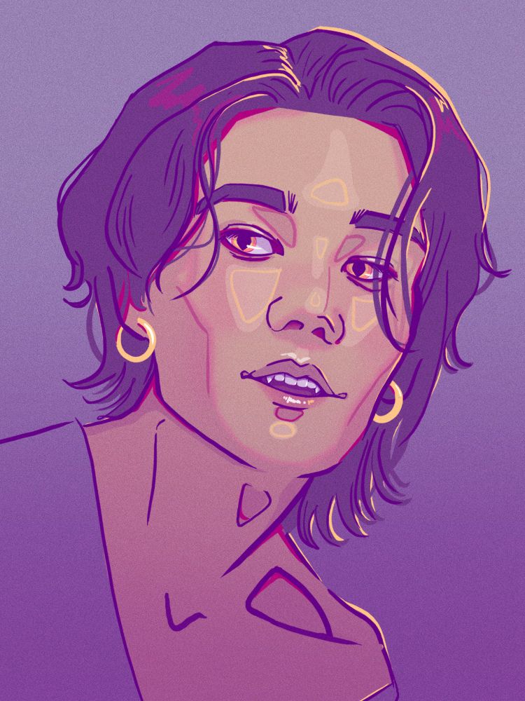 Another digital image of vampire Kim but his mouth is open in a small smile revealing his fangs and his pupils are blown wide.