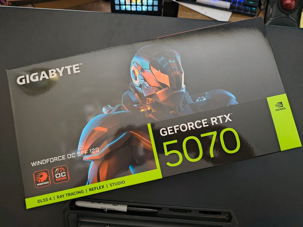 A boxed Gigabyte NVIDIA GeForce 5070 with 12G vram