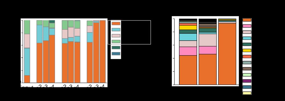 Left side of image shows a barplot of mock microbiome sample dilution series analyzed by qPCR, metagenomics and 16S sequencing- as the sample is diluted, qPCR and metagenomics continue to recall all taxa while 16S is increasingly dominated by Cutibacterium. Right side of image shows that similarly qPCR and metagenomics detect a diverse average leg skin microbiome while 16S is dominated by Cutibacterium.