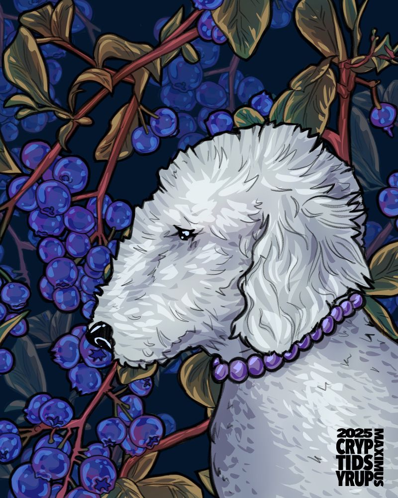 an illustration of a grey bedlington terrier with a purple pearled collar and a blueberry bush in the background 