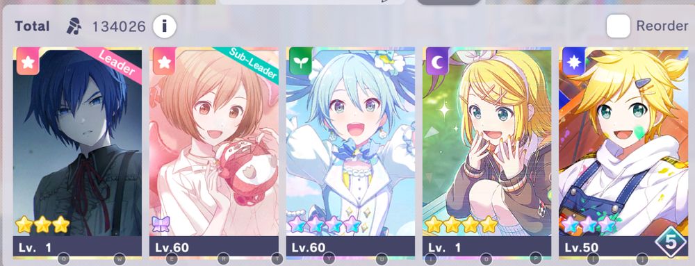 My current Project Sekai team, consisting of:
- "Fury Incarnate" Kaito
- "Happy Anniversary! 2025" Meiko
- "Marks With A Message" Hatsune Miku
- "A Dreamy Mountain Of Grapes" Kagamine Rin
- "My Own Way Of Being Cool!" Kagamine Len

Notably, Meiko, Miku, Rin and Len are smiling, while Kaito looks infuriated.