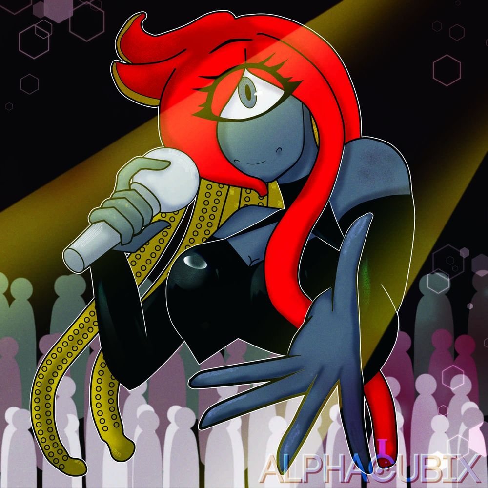 commission headshot of lowresicecube amphi oc with simple background and shade. An alien singer finding her voice off world in a crowd under lights. 