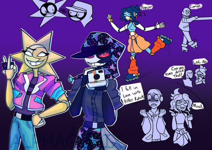 drawing collage of Sun and Moon in LDR Au with Y/N and Cubii in the world