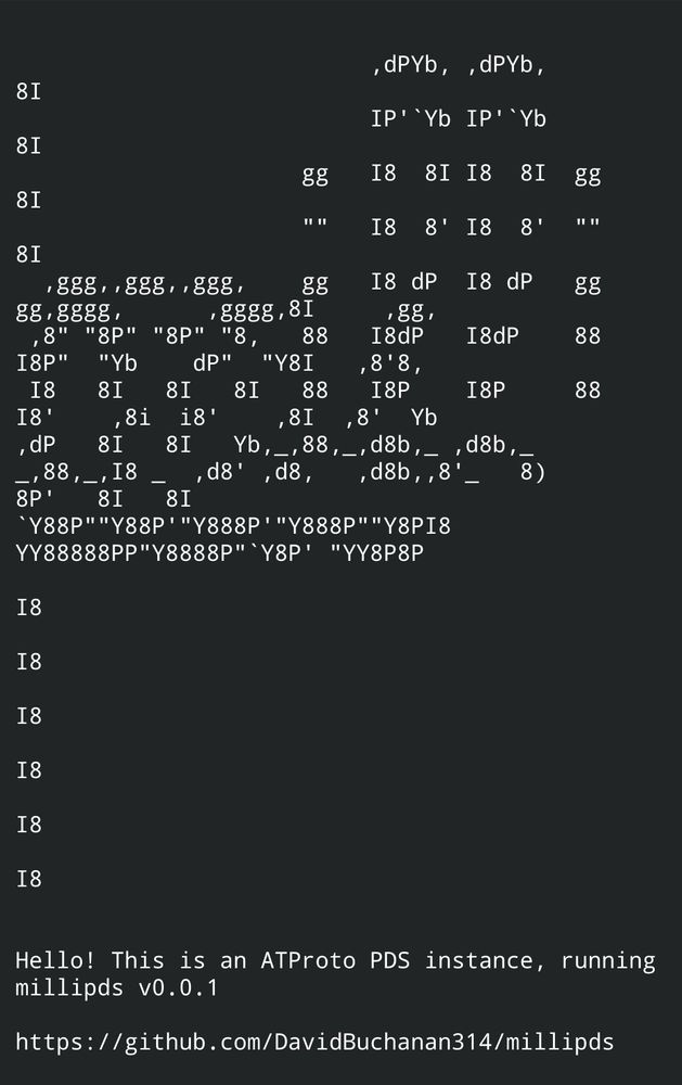 A screenshot of the millipds homepage with its ASCII art mangled due to mobile resolution 